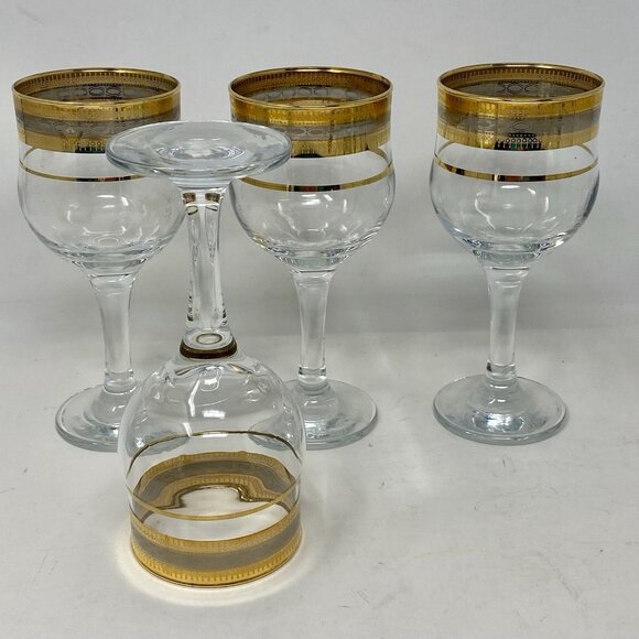 Set 4 Cristalleria Fratelli Fumo Wine Glasses Italy Gold & Platinum Banded MCM - Picture 5 of 8